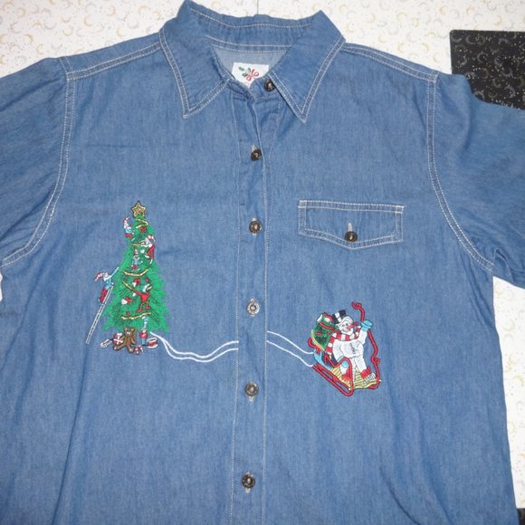 Vintage Mens Nutcracker Brand Christmas Denim Button Up Shirt NWT Size Medium - Picture 2 of 12